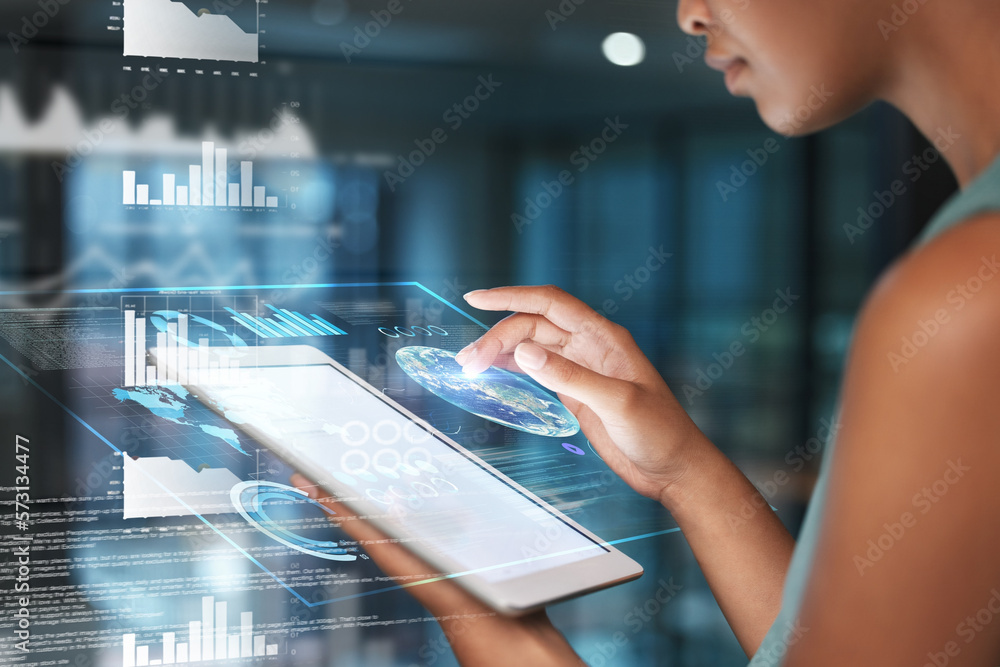 Black woman hands on tablet, data overlay and erp app innovation, research and programming in future technology. Futuristic global network, analytics and web developer for business website software - obrazy, fototapety, plakaty 