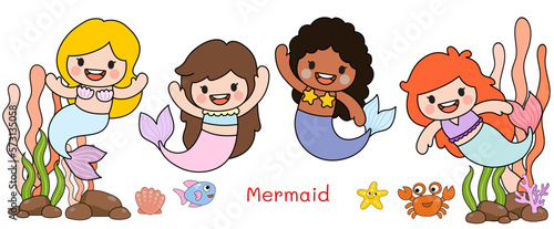 Mermaids Filled Clipart, sea animals and ocean life objects