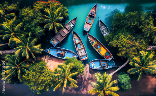 Illustration of an aerial view of fishing boats in a tropical village, AI-Generated image.