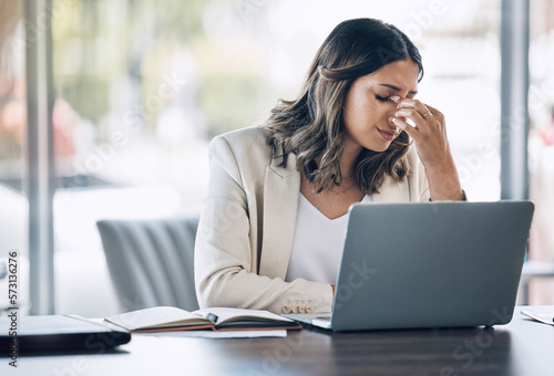 Lawyer, laptop or stress headache with problem, court case loss or legal research burnout in corporate law firm. Anxiety, pain or migraine for attorney woman on technology with doubt or mental health