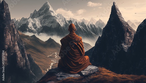 Buddhist monk sitting on the mountain's peak, watching the sunset while meditating. Concept for spirituality and journey. Generative AI. photo