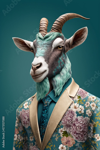 Goat as Fashion Model in Floral Suite Summer Dressing Generative AI Digital Illustration Part#190223