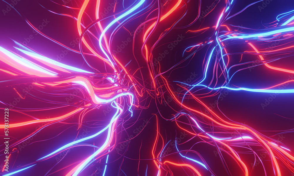 3d rendering. Abstract minimalist background with colorful glowing neon lines.