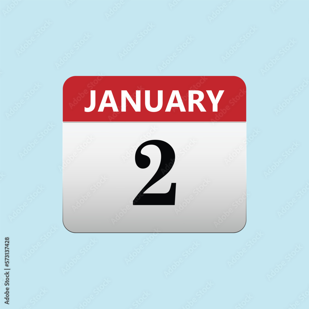 January 2. Calendar icon. Vector illustration, flat style. Date, day of month. Sunday, Monday, Tuesday, Wednesday, Thursday, Friday, Saturday. Weekend, red letter day.