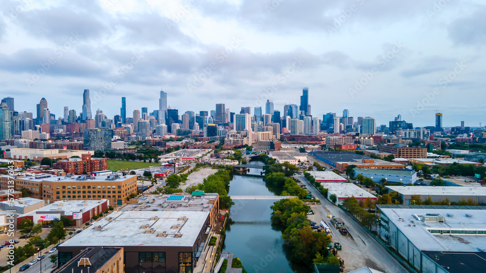 Obraz premium Chicago, IL USA September 15th 2022 : establishing aerial drone view image of Chicago metropolitan city area. the buildings architecture look great for tourist to come and see the skyline