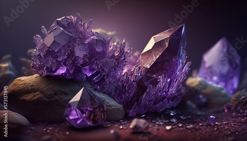 Background with amethyst crystals on dark background, generative Ai