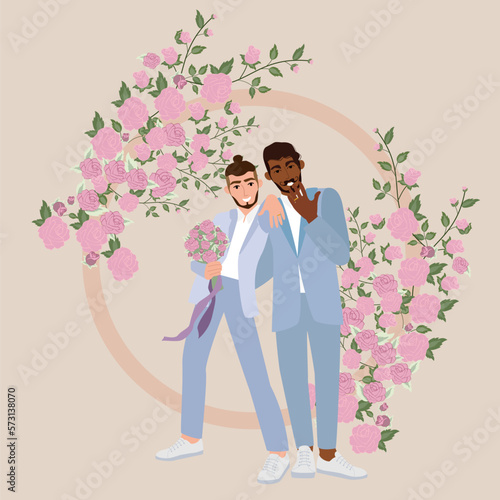 Gay newlywed couple lgbt vector flat illustration