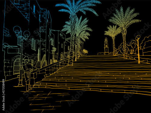 Nice view of the Old Jaffa, Tel Aviv, Israel. Hand drawn colourful sketch. Line art. Urban sketch. Vector illustration on black. Vintage Postcards style. Urban landscape without people.