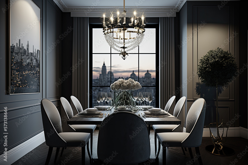 Elegant dining room with a designer chandelier and panoramic city views, 3D render, 3D illustration. Generative AI