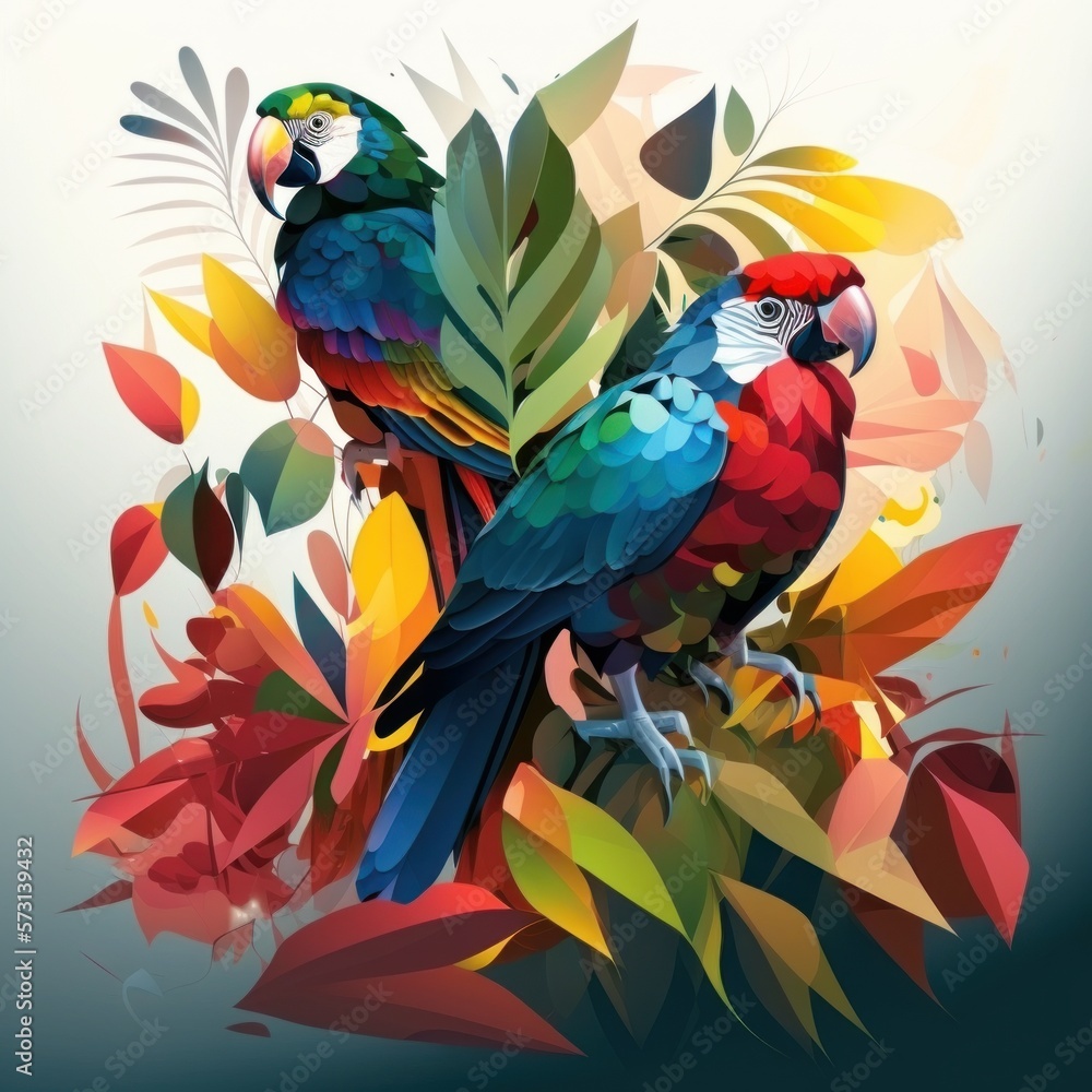 Obraz premium Colorful cubism illustration of parrots on tree branch. Made with Generative AI.