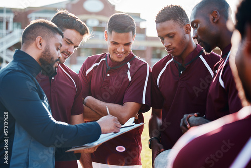 Rugby team, people and coaching for field strategy, checklist and training progress, teamwork and planning game. Leadership man talking to sports men or athlete group for workout or competition goals