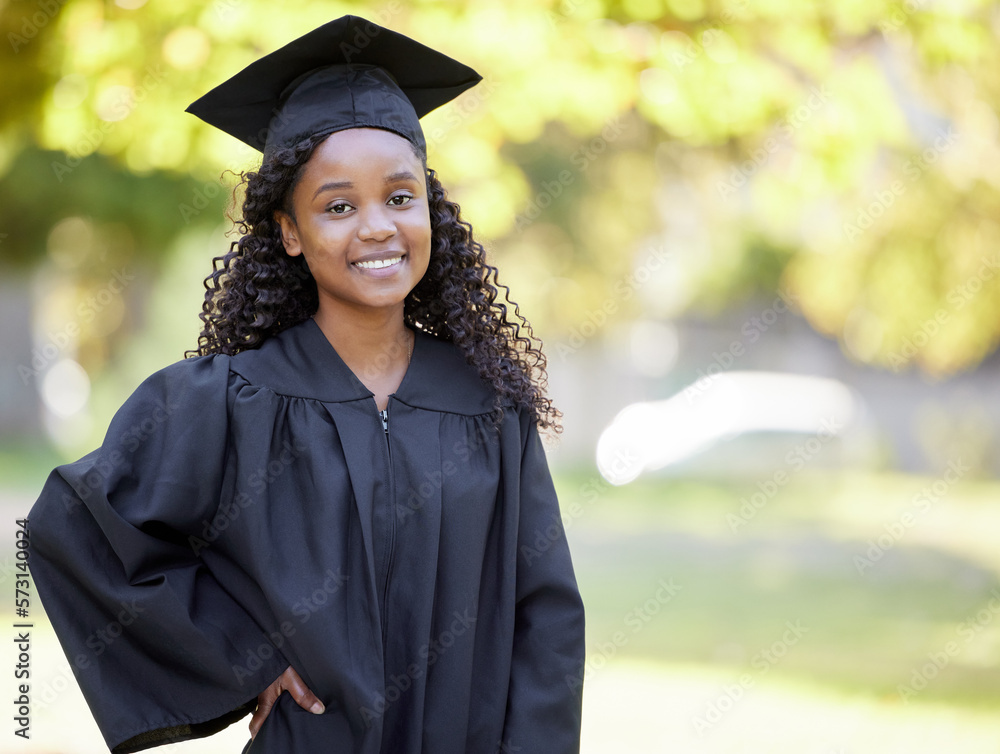 Success, graduation and smile with portrait of black woman in nature ...