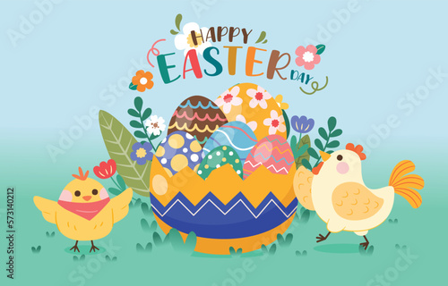 Easter Egg In Egg Basket With Little Chick And Hen, Vector, Illustration