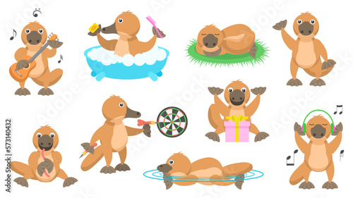 Big Set Abstract Collection Flat Cartoon Different Animal Platypus Duckbill Vector Elements Fauna Wildlife