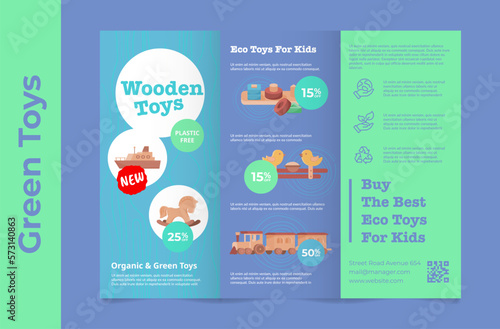Eco friendly kids toys green organic wooden playthings flyer folded booklet template vector