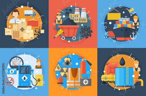 Industrial cargo delivery warehouse ship freight transportation coal mining concept set vector flat