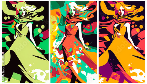 Abstract Fashion Vector Illustration, Set of Women Dressed in Stylish Trendy Clothes