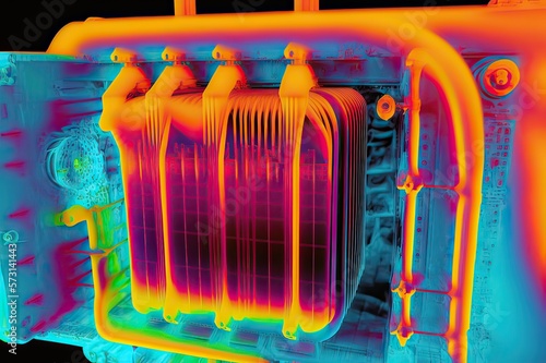 Thermal image of electrical transformer. Colors show temps, rainbow Celsius scale on right. Temp on top left is cursor point. Photo generative AI
