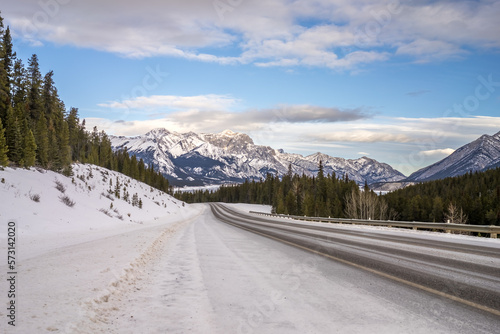 David Thompson Highway along Abraham lake landscape in winter season with snow