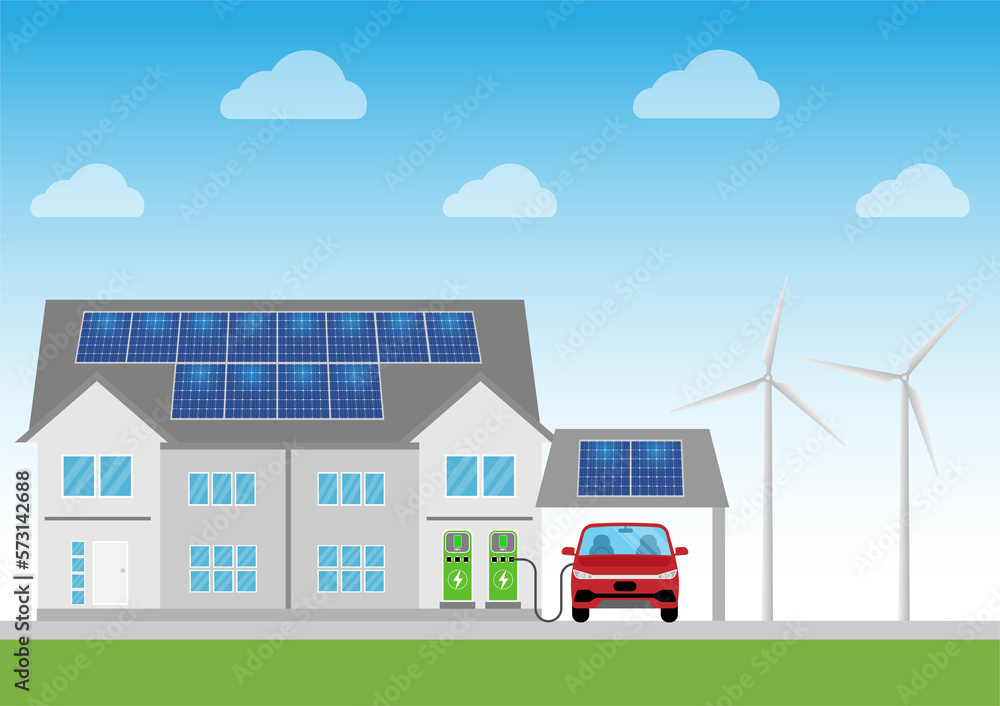 House with Solar Panels and Electric Car and Wind Turbines. Alternative and Renewable energy sources. Green energy electricity concept element. House with Solar Panels and Electric Car and Wind Turbines. Alternative and Renewable energy sources. Green energy electricity concept element.