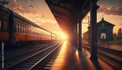 train stop at railway station with sunset, generative Ai