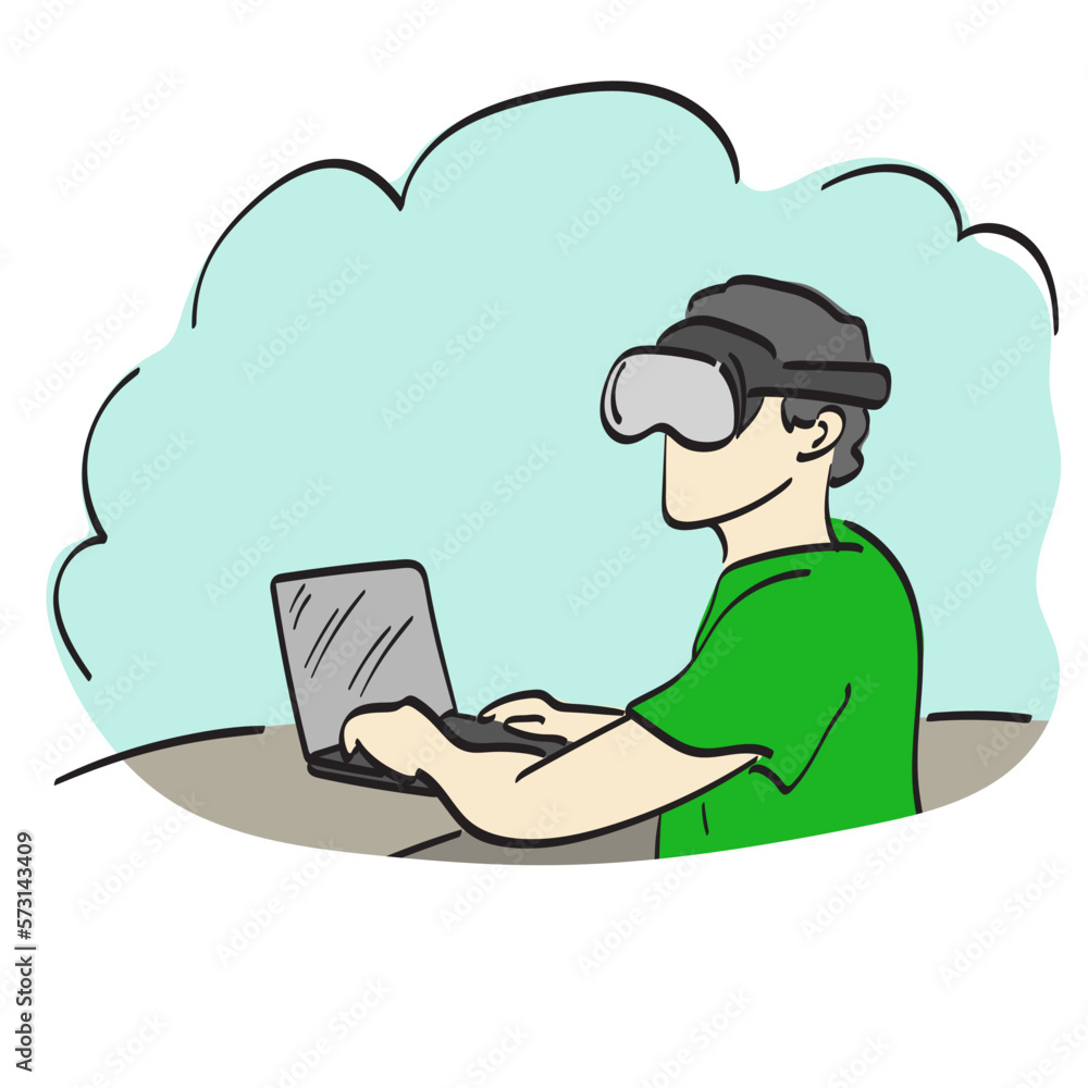 man with vr glasses using laptop computer illustration vector hand drawn isolated on white background line art. man with vr glasses using laptop computer illustration vector hand drawn isolated on white background line art.