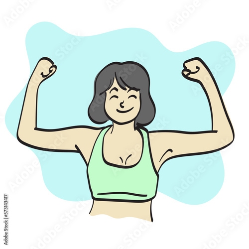 line art woman in sportswear flexing her muscles illustration vector hand drawn isolated on white background