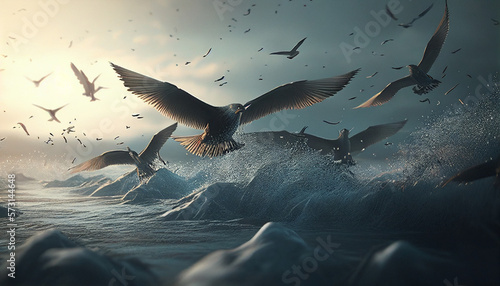 Migrant birds flying over ocean