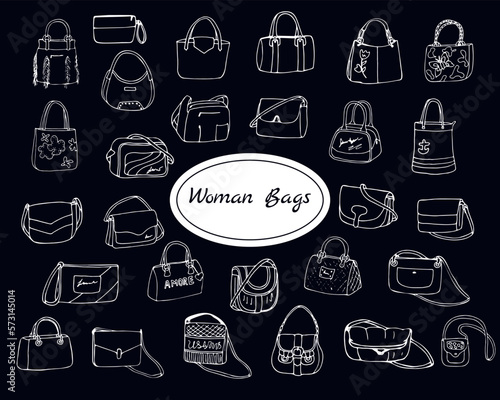 Large vector set of doddle fashion bags, isolated on black background. Illustration with a group of various handbags, purses, and bags.