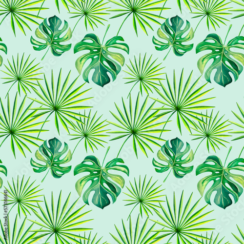 A pattern of tropical plants. Monstera. The palm branch. Watercolor illustration. Nature of the tropics. Collage of monstera and palm trees. Mosaic.