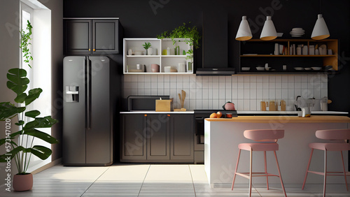 black modern kitchen in scandinavian style. Generative Ai