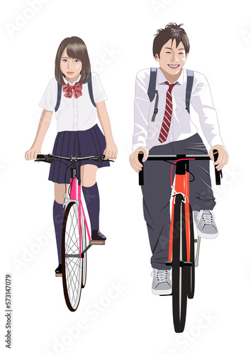 自転車に乗る高校生男女イラスト