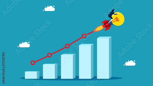 Profit or business grow. Progress or creative development concept. Businesswoman riding a light bulb rocket on a growth bar graph vector
