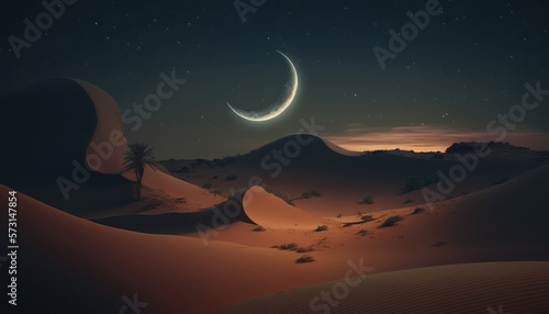 Desert landscape with crescent moon on dark starry sky. Ramadan eid  Islamic Religion Concept. Generative AI