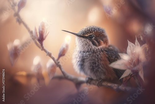 Spring time: cute little hummingbird sitting on a blossomming cherry tree. Gentle bokeh background. AI photo