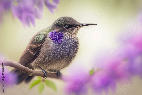 Spring time: cute little hummingbird sitting on a blossomming cherry tree. Gentle bokeh background. AI photo