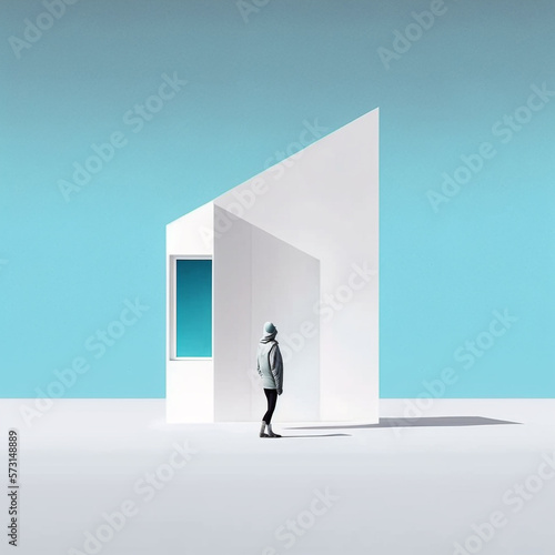 A person with a surreal and minimalist background