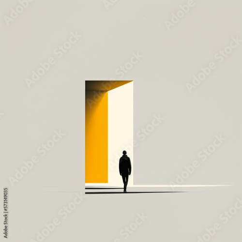 A person with a surreal and minimalist background