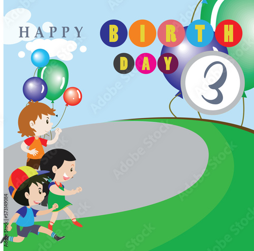 Happy birthday greeting cards, invitations for birthday with cartoon character and blank space area, and icon birthday. Colorful background and landscape background 