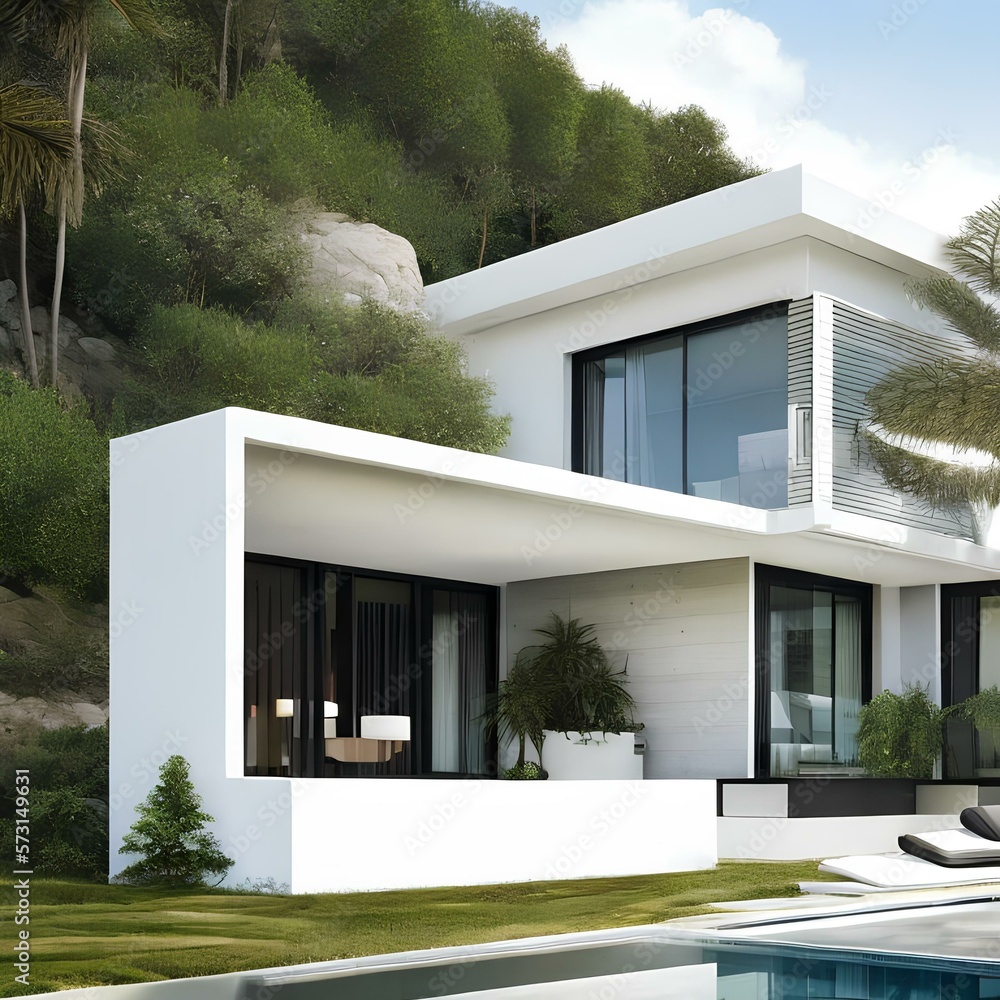 A modern home with a sleek design and all white exterior 1_SwinIRGenerative AI A modern home with a sleek design and all white exterior 1_SwinIRGenerative AI