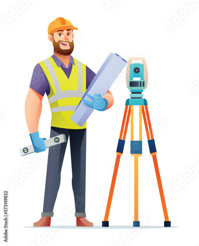 Civil engineer with theodolite. Cartoon character illustration