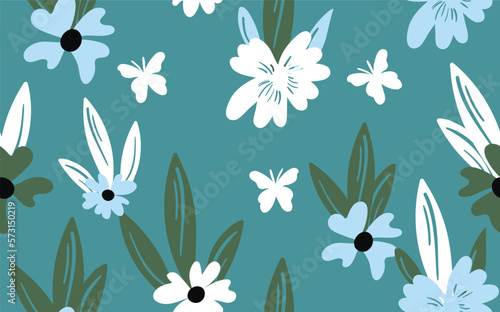 Seamless floral pattern based on traditional folk art ornaments. Colorful flowers on color background. Scandinavian style. Sweden nordic style. Vector illustration. Simple minimalistic pattern