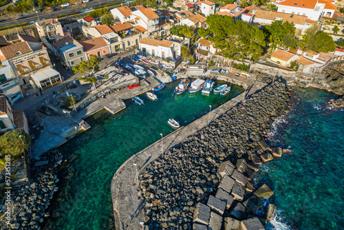 Aerial view of San Giovanni li Cuti seaside neighborhood in Catania, Sicily, with small harbor