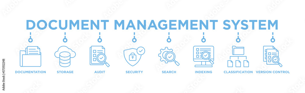 Document management system banner web icon vector illustration concept with icon of file, cloud storage, audit, security, search, indexing, classification, version control Document management system banner web icon vector illustration concept with icon of file, cloud storage, audit, security, search, indexing, classification, version control