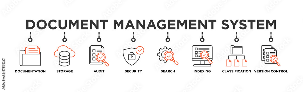Document management system banner web icon vector illustration concept with icon of file, cloud storage, audit, security, search, indexing, classification, version control Document management system banner web icon vector illustration concept with icon of file, cloud storage, audit, security, search, indexing, classification, version control