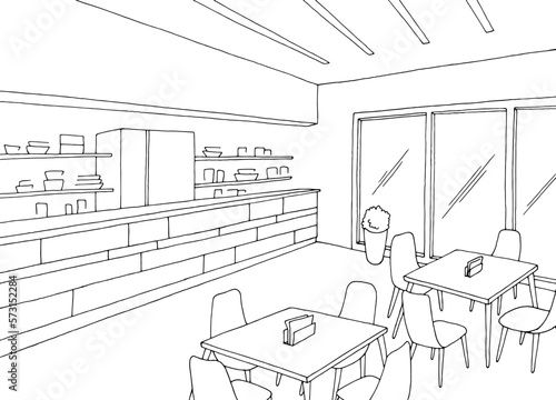 Cafe interior fast food court graphic black white sketch illustration vector 