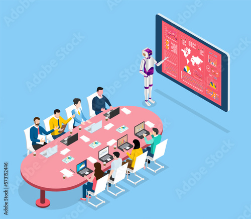 AI Learning and Artificial Intelligence Concept with Business team seated around table listening to Humanoids Robot describe business trend and market analysis.  Vector Illustration eps10