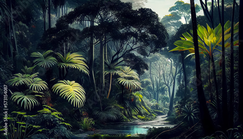 Illustration of scenic Tropical landscape in Rainforest  AI-Generated image.