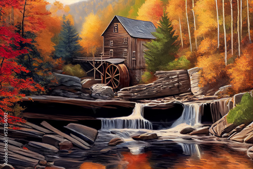 Painting illustration of Glade creek grist mill in autumn time, AI-generated image. photo