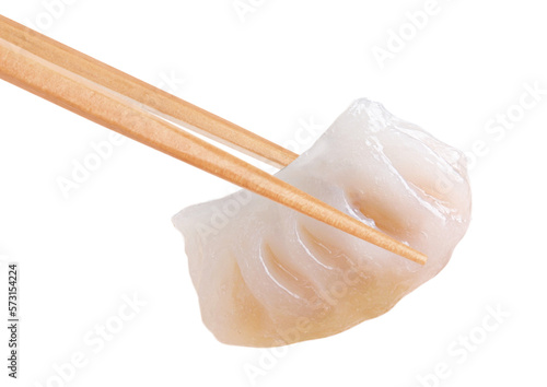 Obraz na plátně Chopsticks holding a shrimp dumpling or ha gow isolated